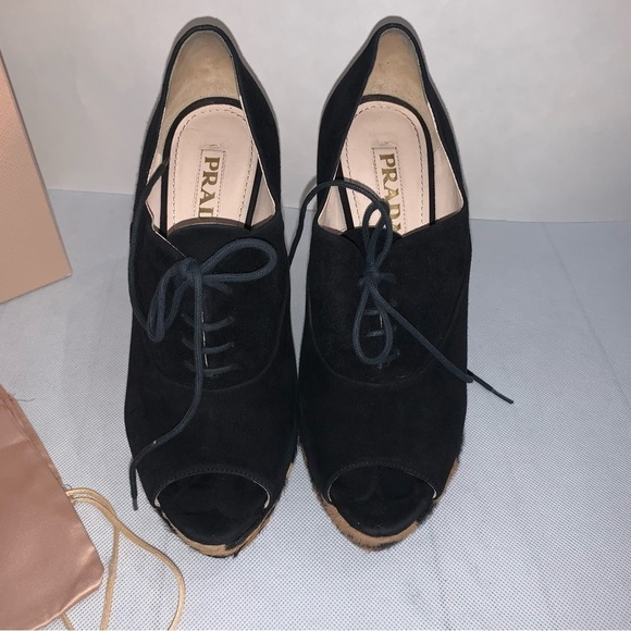 Prada Black Suede Leopard Print Calf Hair Peep Toe Wedges - Picture 2 of 10